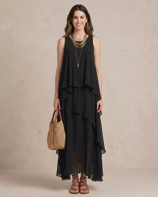 Nadia - Sort Chiffon Maxikjole med Bohemelag