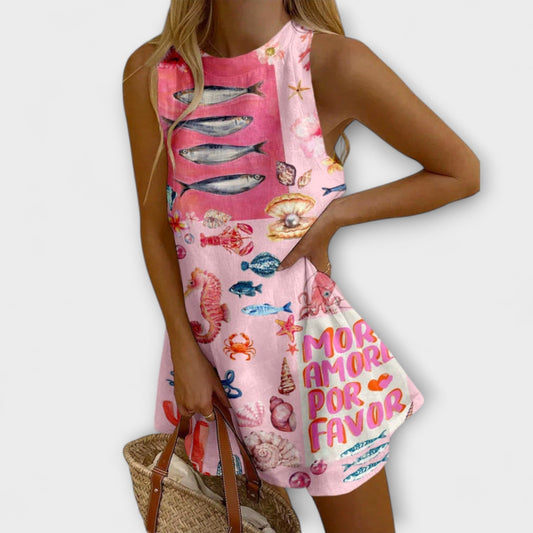 Inês - Pink minikjole med Miraba-print