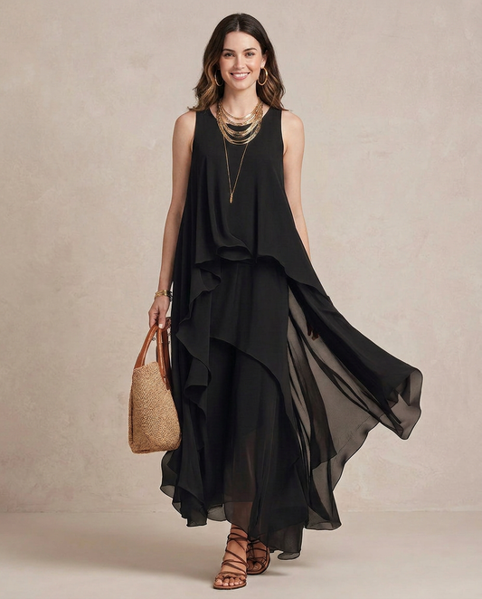 Nadia - Sort Chiffon Maxikjole med Bohemelag